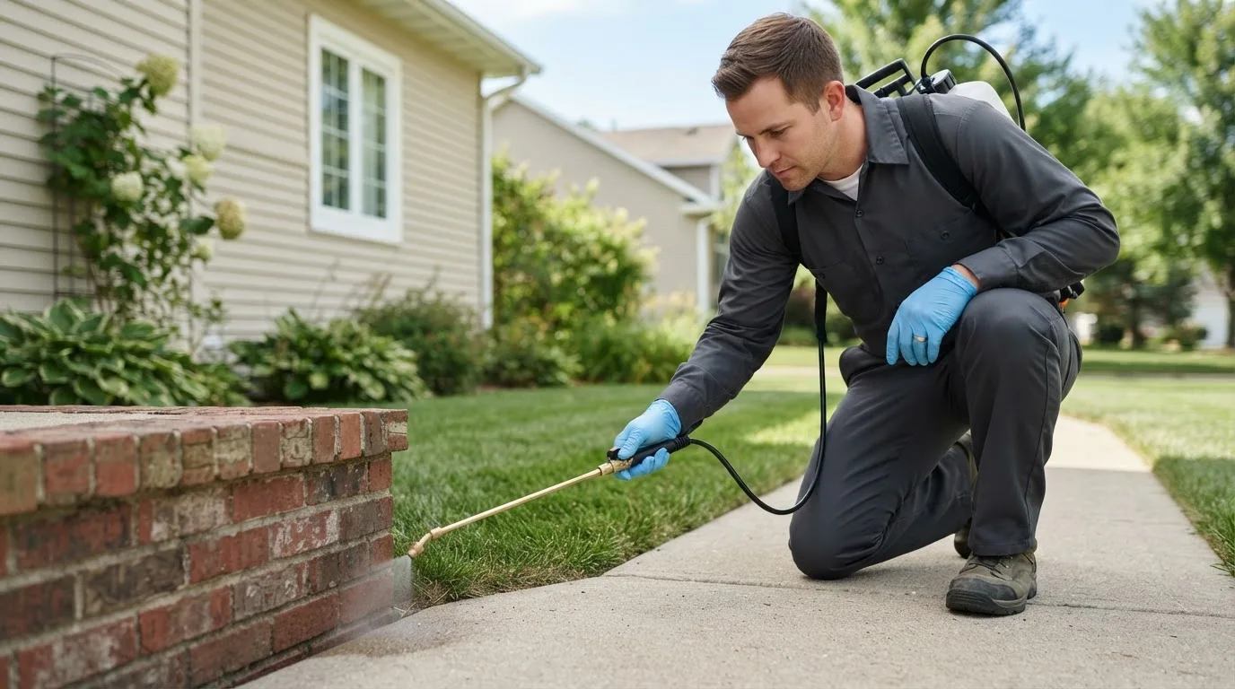 Pest control technician treating a home near Drewryville, VA